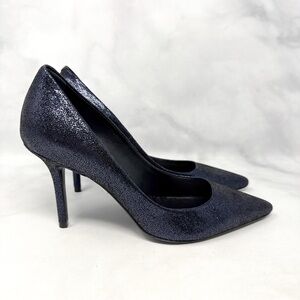 NEW Roger Vivier Metallic Leather Pointed Toe Mid Height Heel Pumps Navy Glam 35
